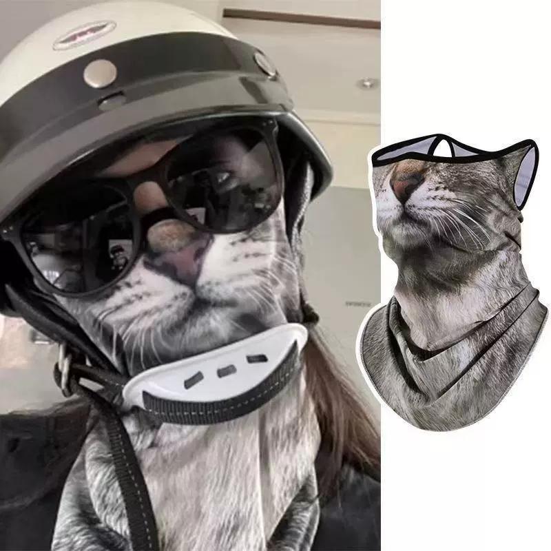 3D Animal Cat Design Summer Full Face Neck Protector Sun Shield Breathable Quick Dry Polyester Helmet Liner for Outdoor Cycling