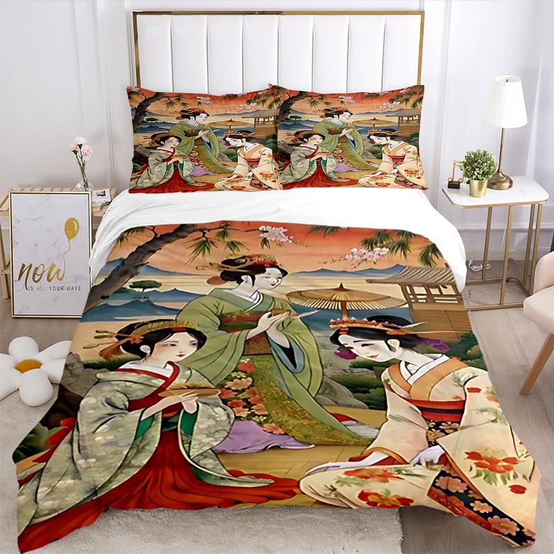 3pcs Anime Kimono Geisha Comforter Set with One Quilt Cover and Two Pillowcases (No Core) - Home Decor, Festival Gift, Polyester Fabric, Anime Cartoon