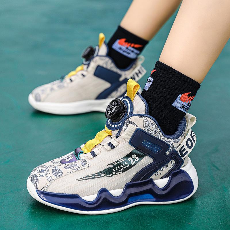 Mesh Children's Running Shoes 2025 Spring and Autumn New Sports Shoes Medium and Old Children's Rotating Buckle Actual Combat Breathable Non-slip and