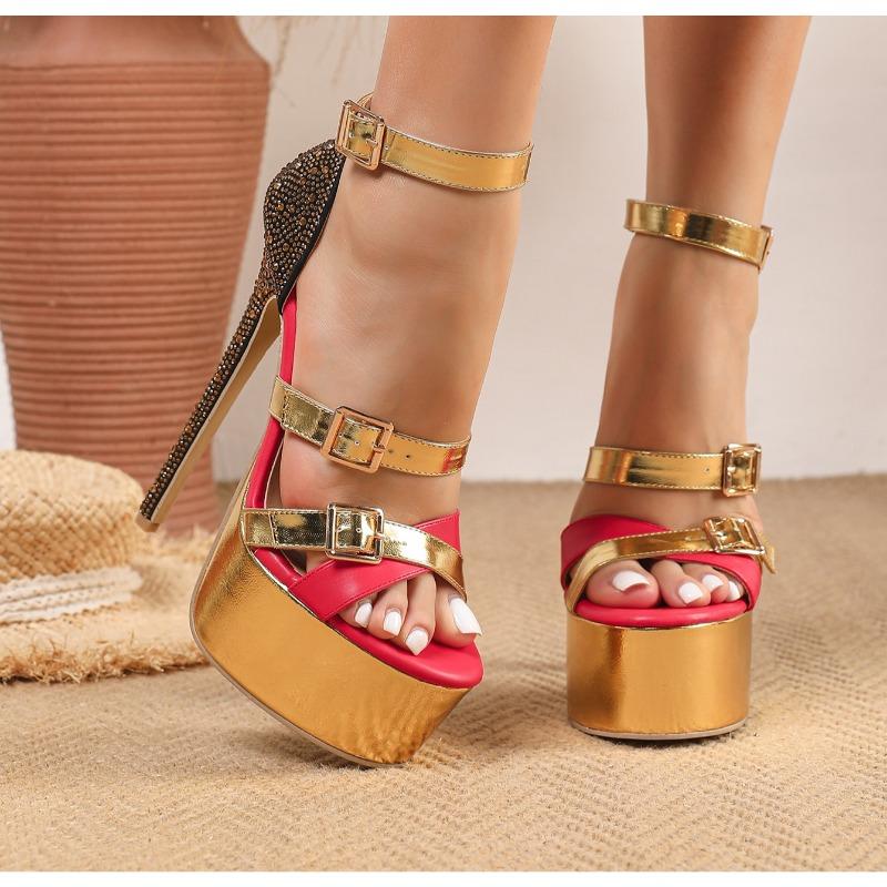 Sandali con Plateau Sexy Tacchi Alti Stile Sfilata Estiva per la Moda Donna Punta Aperta Fibbia di Cristallo Tacco a Spillo Scarpe da Sposa Stripper