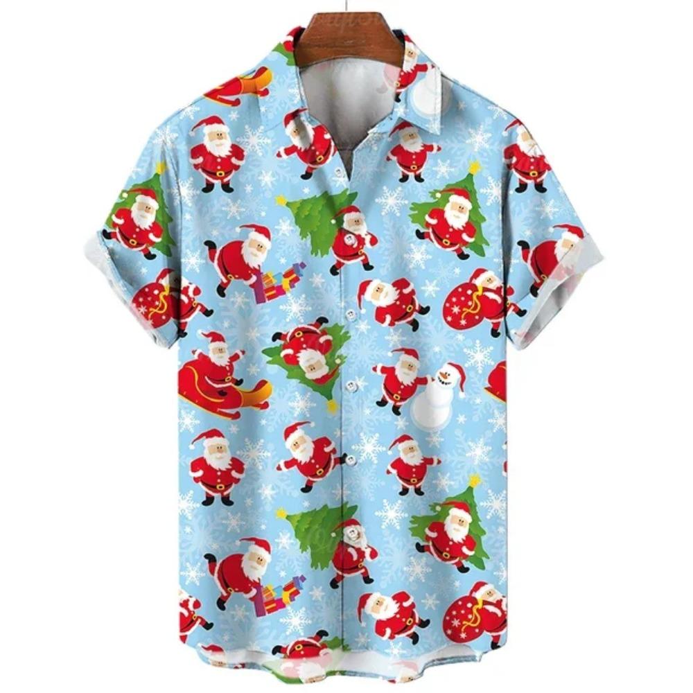 Retro Style Christmas Tree Reindeer Snowflake Printed Short Sleeved Shirt for Men and Women Christmas Holiday Loose Casual Shirt