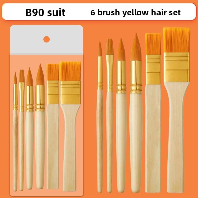 

6 pcs multifunctional wooden short pole oil brush set nylon hair brush acrylic watercolor pen art paint drawing supply жёлтый
