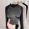 Women's Mock Neck Long Sleeve Knit Top Slim Korean Casual Double Zipper Thermal Cardigan Layering Shirt