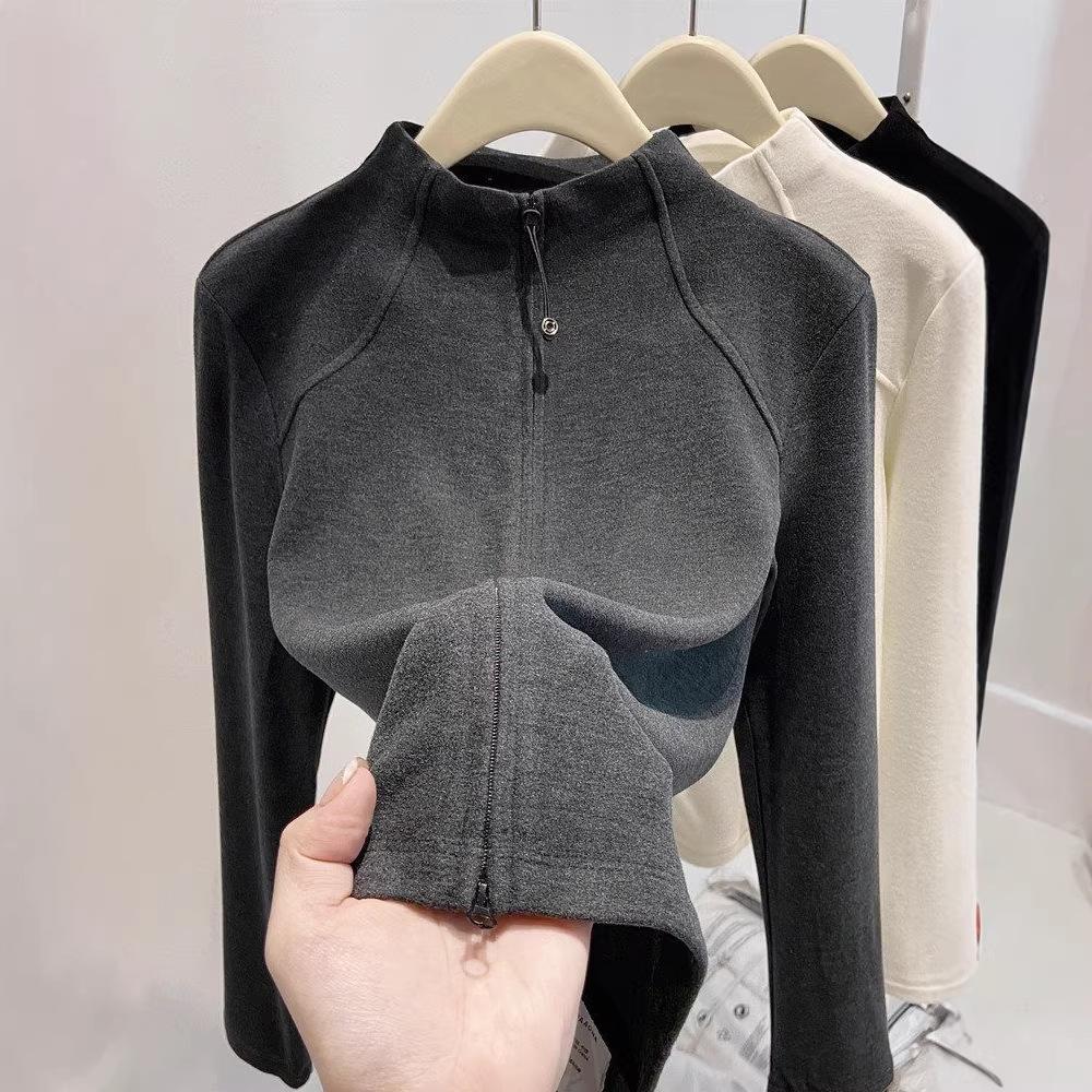 Women's Mock Neck Long Sleeve Knit Top Slim Korean Casual Double Zipper Thermal Cardigan Layering Shirt
