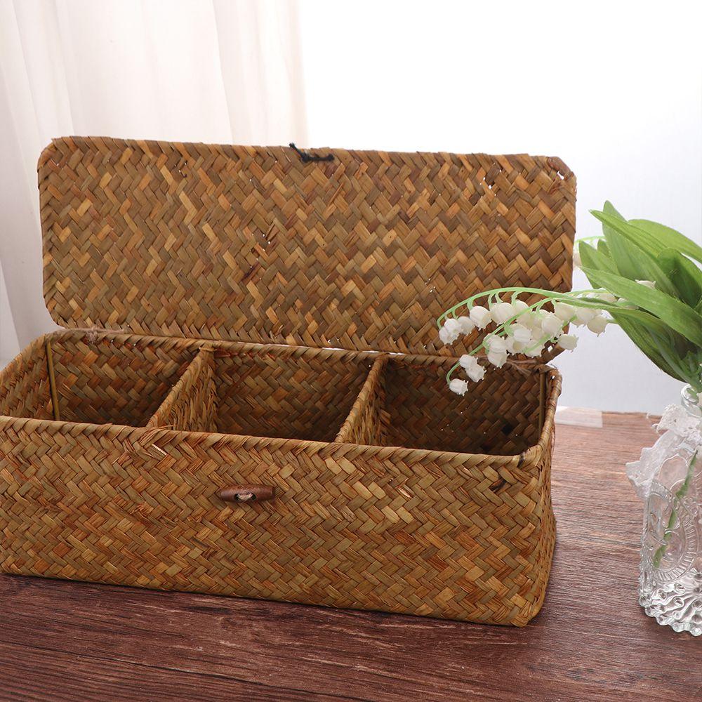 Rectangular Hand Woven Storage Baskets Handmade Rattan Divider Storage Box  Wardrobe