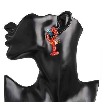 1 par de brincos de lagosta com strass vermelho, liga brilhante, pingente de lagostim para mulheres, brincos de cristal, personalidade da moda