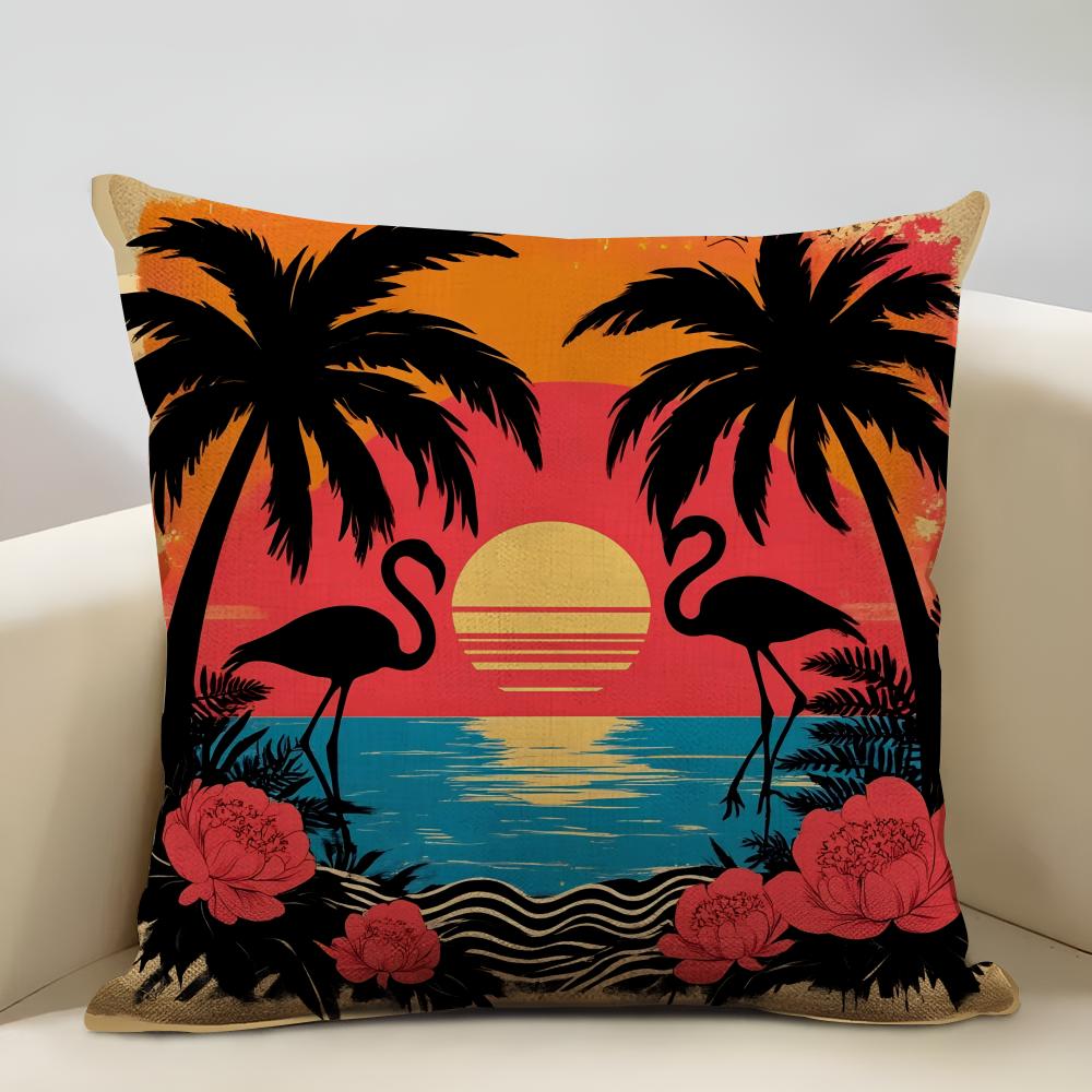 Tropical Palm Flamingo Cushion Cover Natural Linen Organic Fabric Double-Sided Printing Sofa Home Decor Gift Pillow Cover
