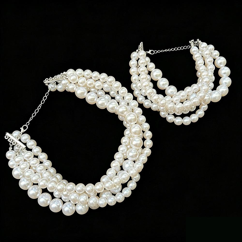 French multi-layer imitation pearl choker necklace bracelet 1-layer set, retro heavy industry collarbone chain bridal banquet girl