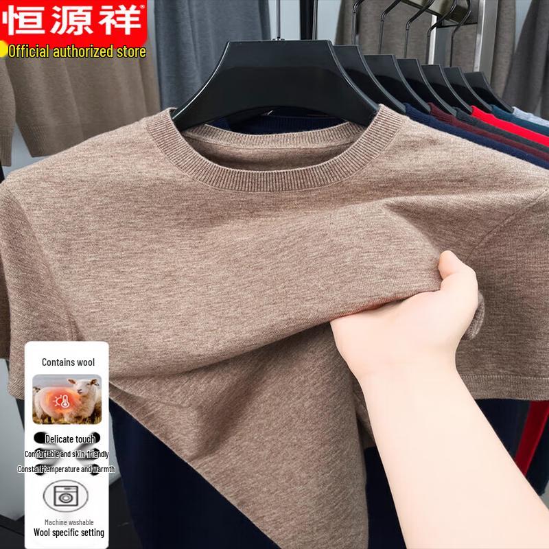 Hengyuanxiang Men's Thickened Round Neck Short Sleeve Wool Blend Sweater