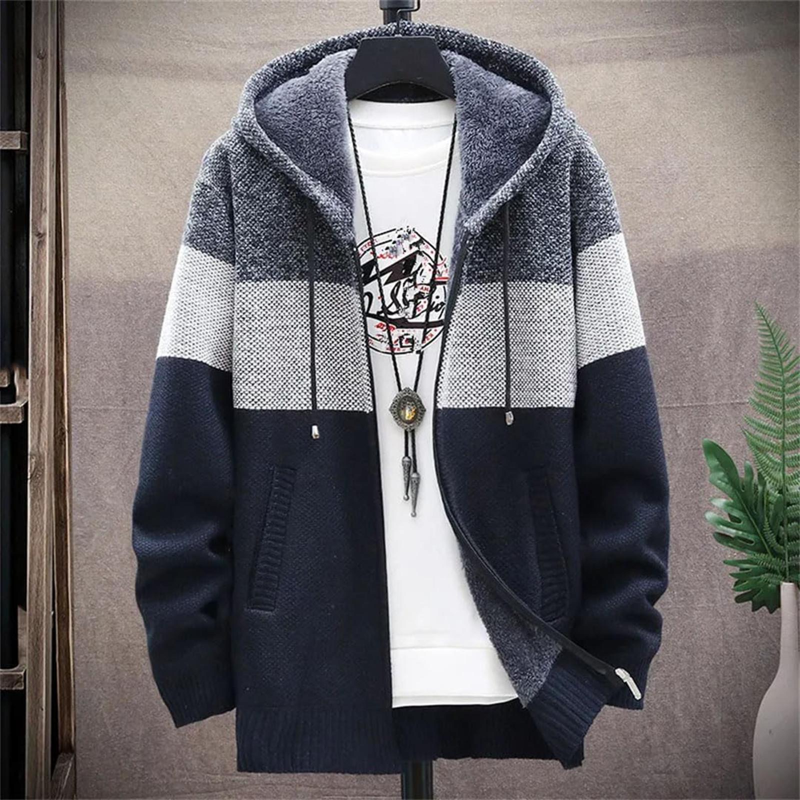 

Мужской флисовый свитер-пальто с капюшоном, полосатый отложной воротник, длинный рукав, полная молния, вязаный тренч XXXXL тёмно-синий