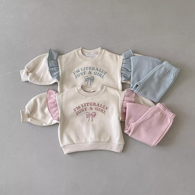 Trendy Spring & Autumn Girls' Lace Bow Cartoon Two-Piece Set