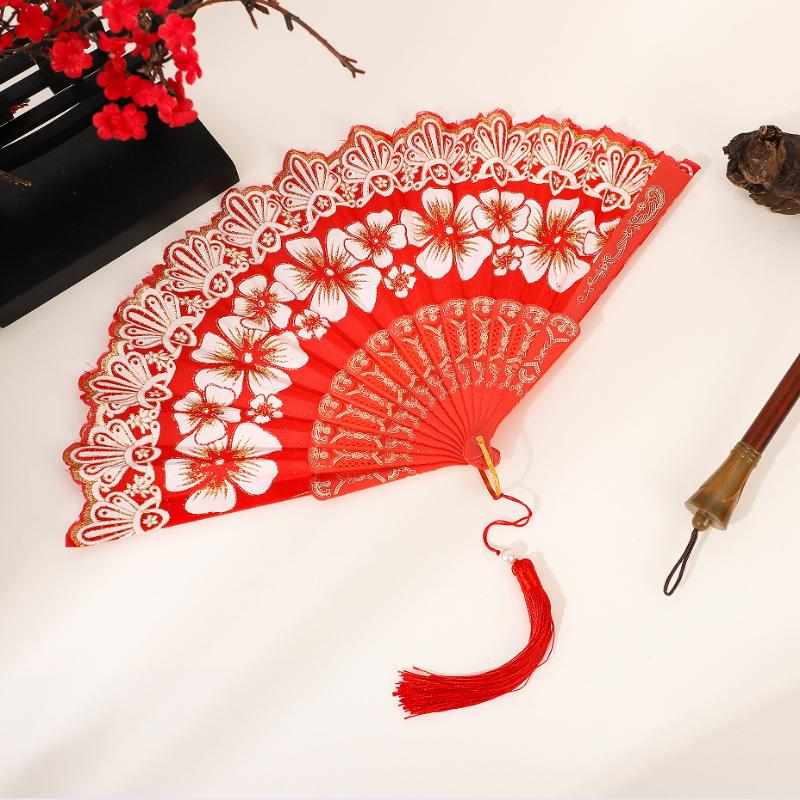 Chinese-Style Flowers Folding Fan For Performances & Hanfu Photos With Elegant Floral & Pearl Tassels Design Festive Decor
