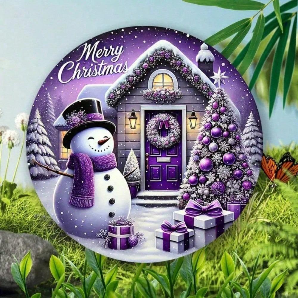 Vintage Purple Snowman Christmas Metal Sign 7.8 Inch Round for Wall Decor Farmhouse Home Bar Cafe Garden Outdoor Indoor