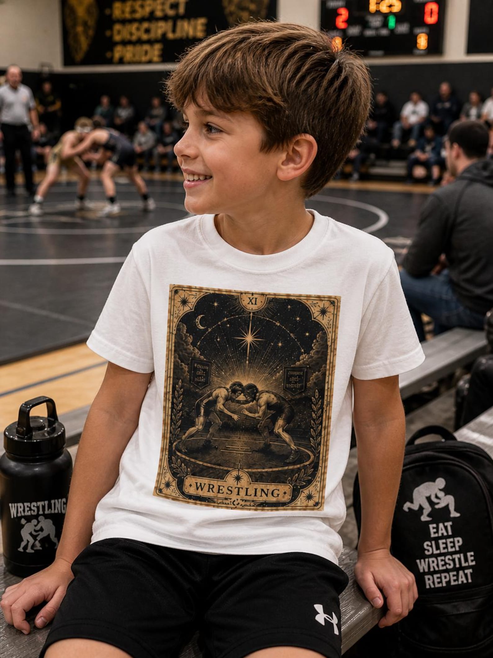 Vintage Wrestling Illustration Kids Tee | Antique Sports Poster, Starry Night Motif 100