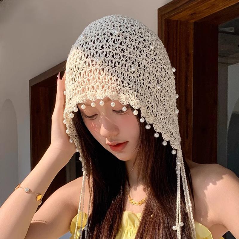 Hollow Out, Pearl Tassel Pendant, Headband Hat, Women's, Summer, Ethnic Style, Knitted Pullover Hat, Retro, Face Enhancing Small Hat
