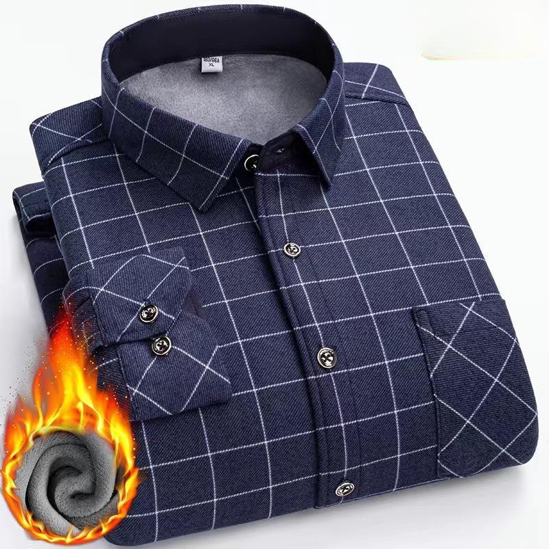 Camicia a maniche lunghe a quadri da uomo con pile ispessito, casual, business, elastica, non stirabile, calda, per gli anziani