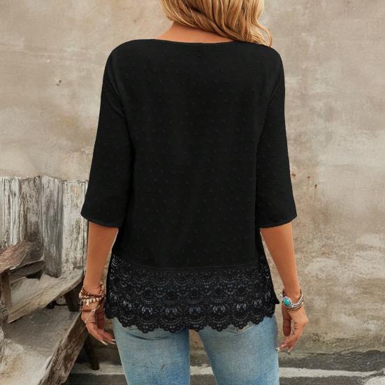 Women V-Neck Hem 45720 Sleeve Casual Shirt Jacquard Decor Solid Color