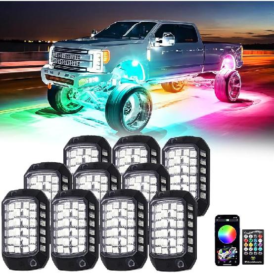 RGB Rock Lights, 10 Pods 360 LEDs SMD Chips Super Bright App Control Underglow Neon Light Exterior Chassis Wheel Well Glow Kit For Off Road Cars
