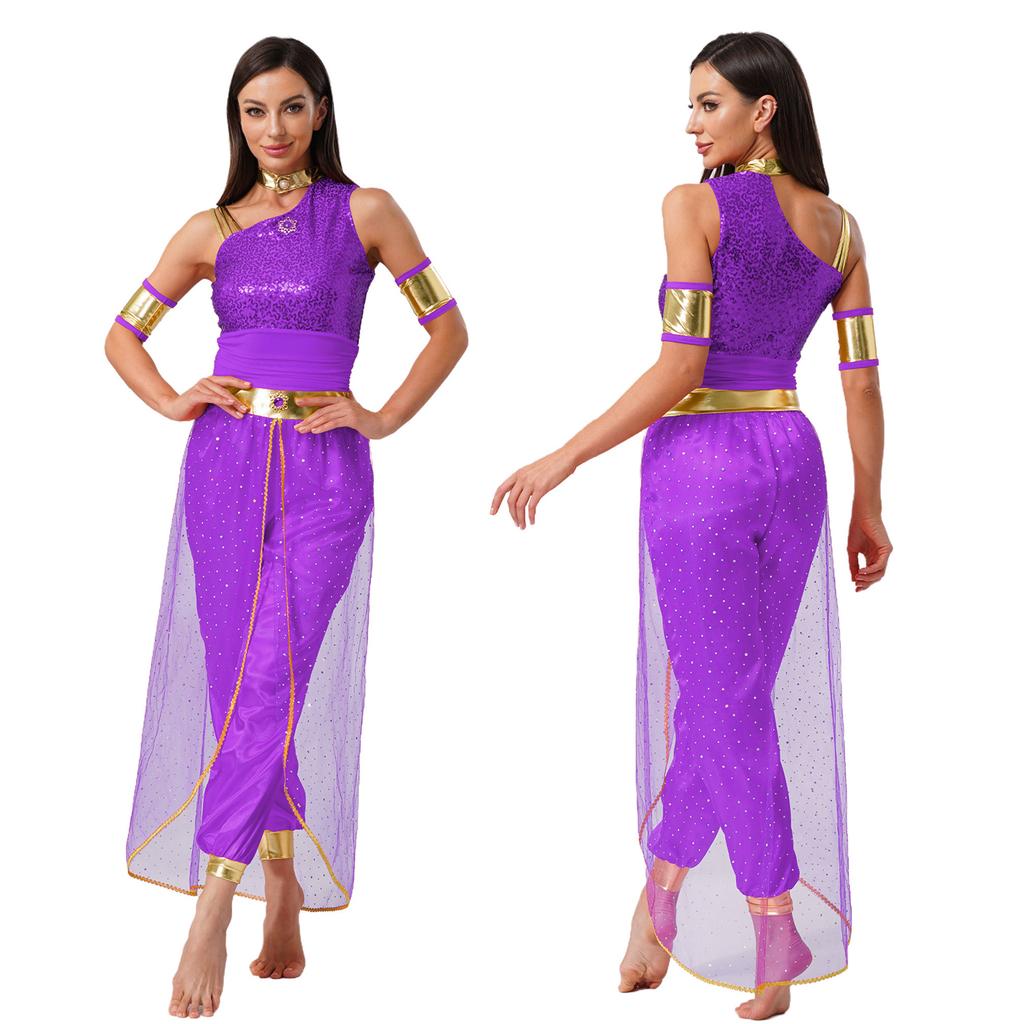 Glänzender Tüll Bauchtanzkostüm für Damen Arabischer Prinzessinnenstil Edelstein Dekor Jumpsuit Halloween Party