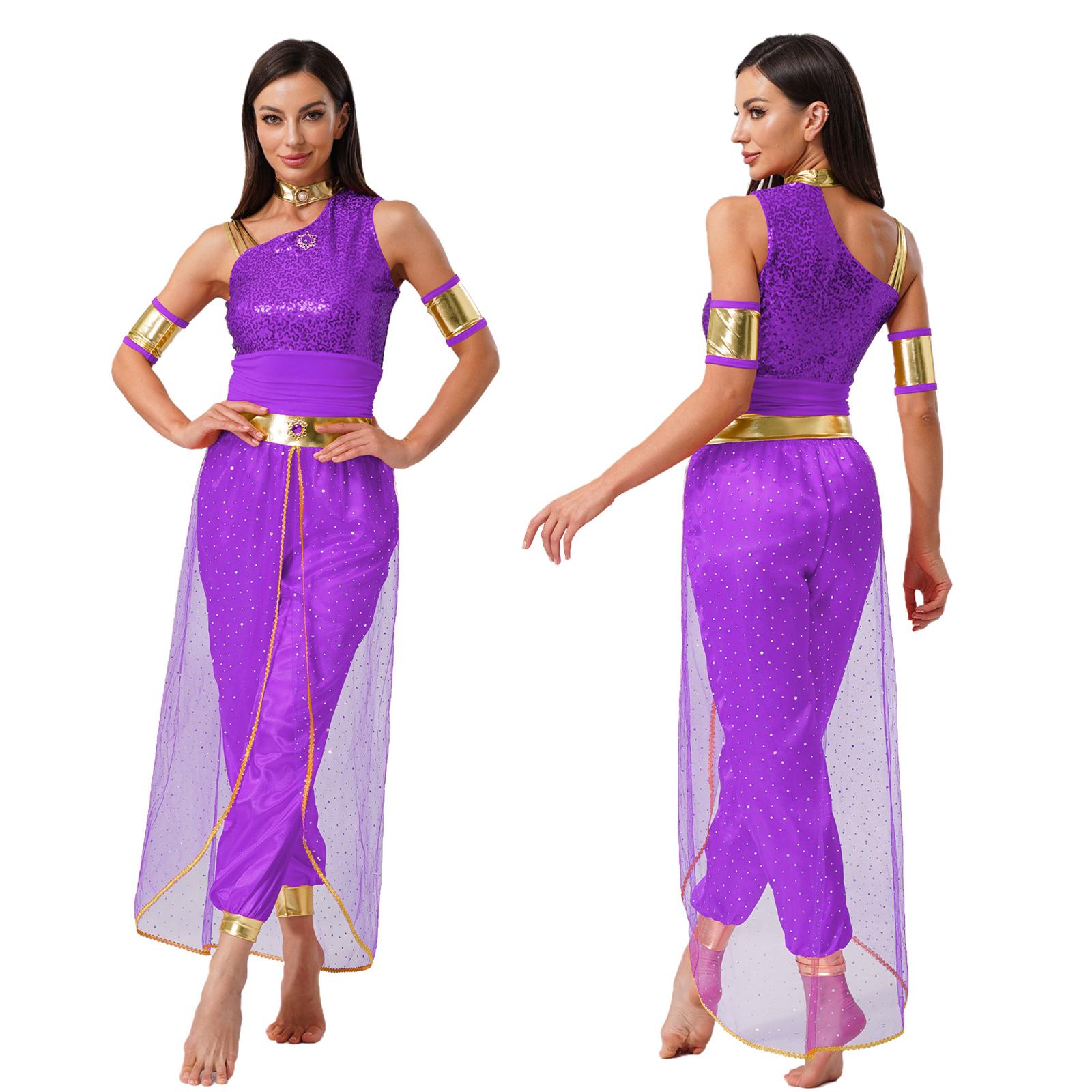 

Enchanting Theme Party Jumpsuit Arab Princess Belly Dance Costume with Gem Decor for Halloween S фіолетовий