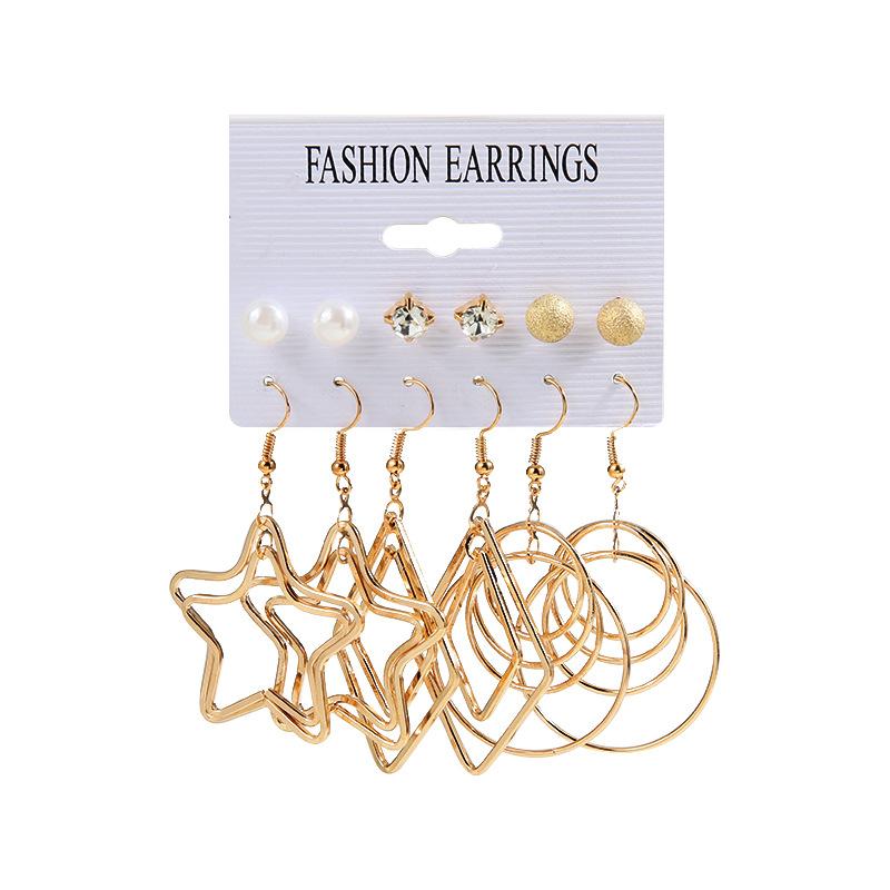European and American Personality Trend Five-pointed Star Circle Alloy Earrings INS Wind Pearl Diamond Stud Earrings 1 Pair