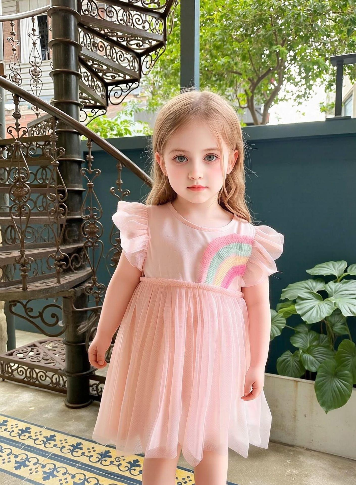 Girls Summer Tulle Princess Dress with Cap Sleeves and Sleeveless Design 90 розовый