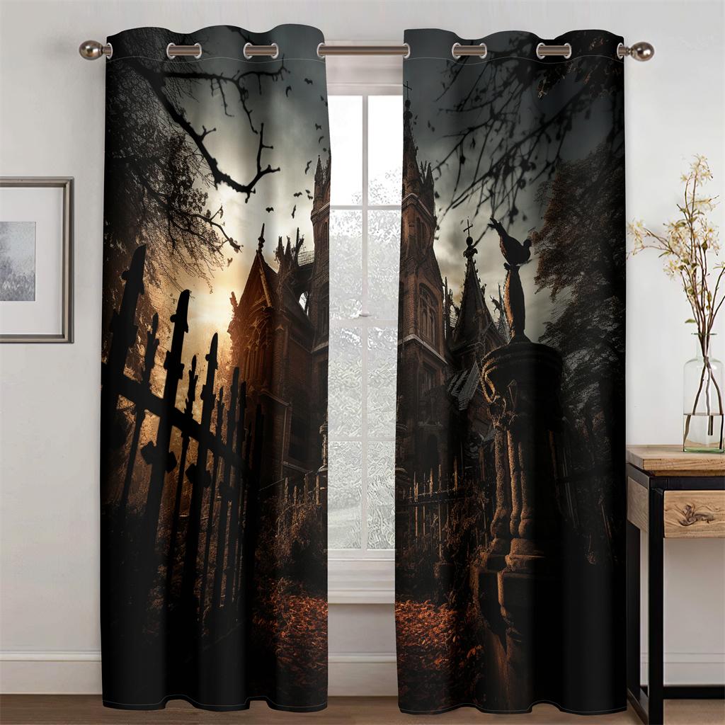 

Шторы в стиле ужасов на Хэллоуин, готический архитектурный стиль, шторы в виде тыквы для гостиной, декор для спальни, 2 шт. 50W130H(CM)X2PCS&Hook