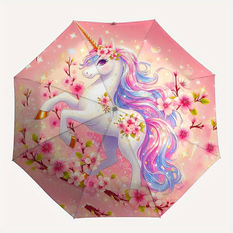 Unicorn Fantasy Automatic Folding Umbrella 8 Ribs, Durable Iron Frame, Bright Color Pattern Compact Travel Umbrella, Suitable for Outdoor,