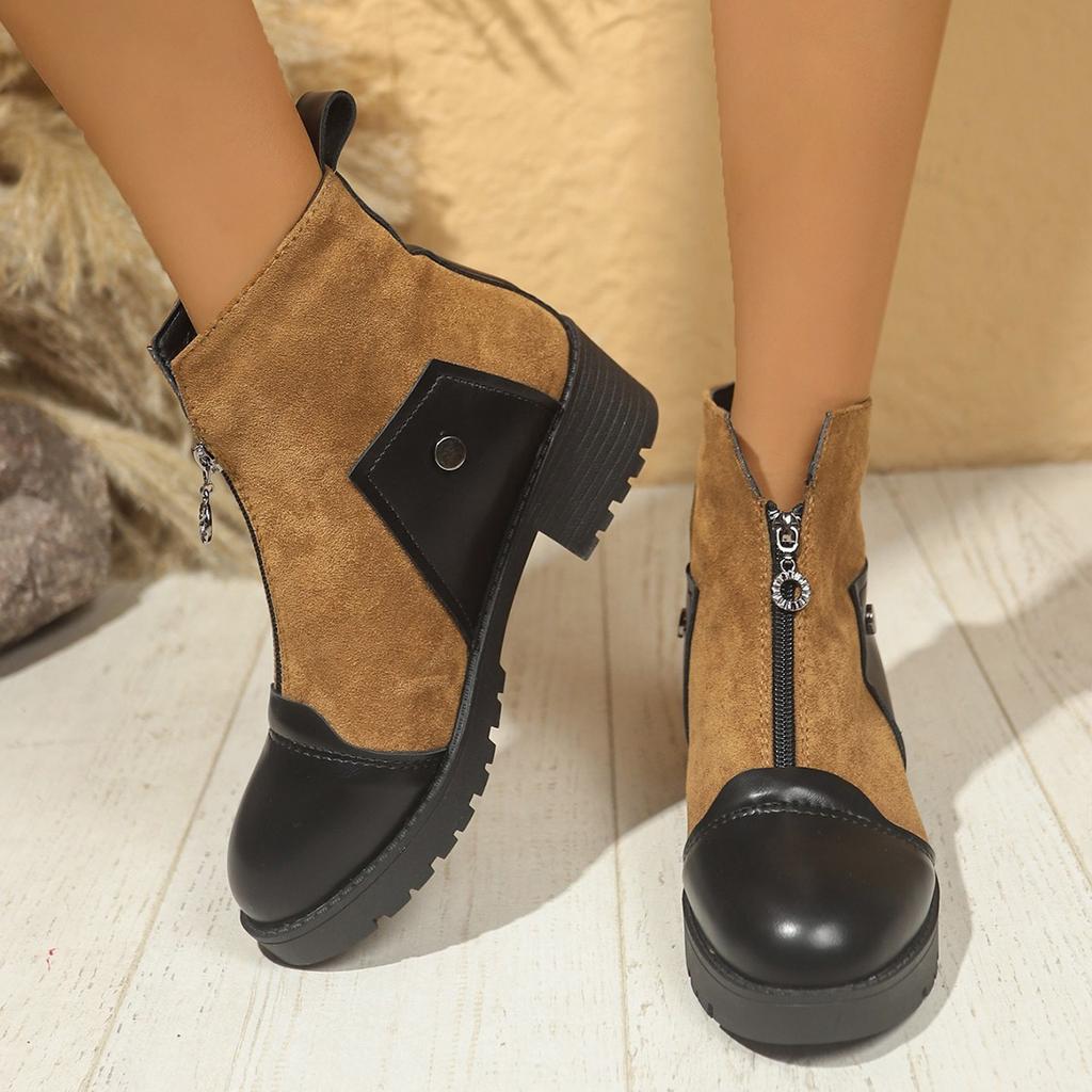 Large size autumn and winter new short boots retro Martin boots versatile thick heel front zipper low boots