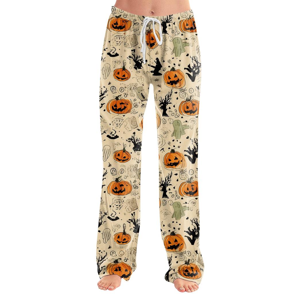 Damen Halloween Print Kordelzug Hose Lässige Lounge Hose Elastische Taille Entspannte Passform Volle Länge Weicher Stoff
