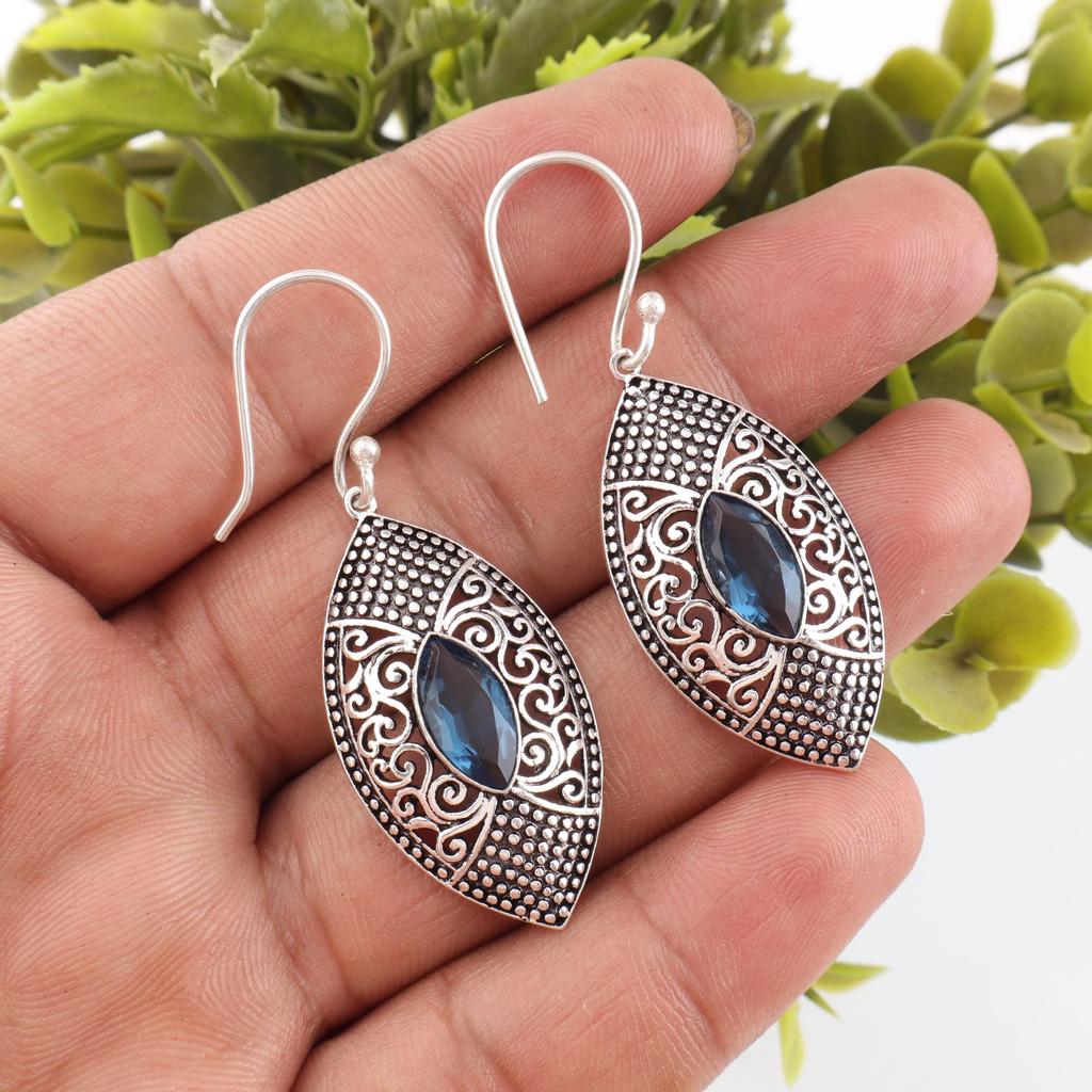 London Blue Topaz  925 Solid Sterling Silver Earrings, Handmade Gemstone Earrings Jewelry, Gifts For Wife Brand New Earrings