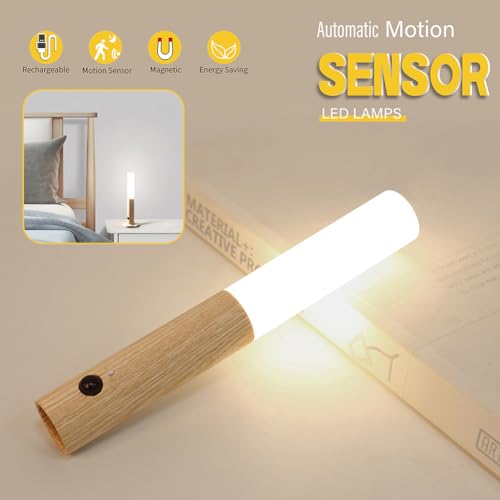LANDGOO Motion Sensor Night Light, Magnetic Body Sensor, Hallway Rechargeable LED Light, Portable Staircase Light, Wooden Wall Sconce, Battery-Powered