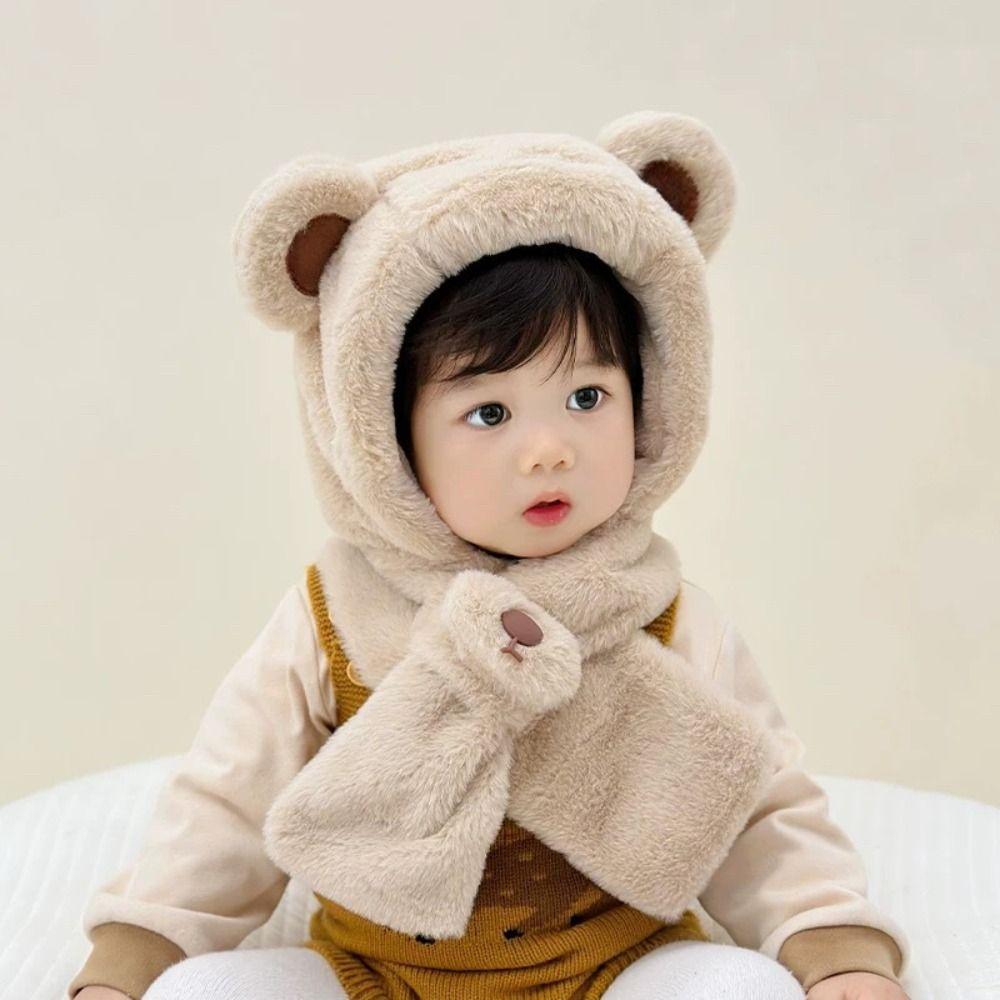 Fashion Design Children Fleece Hat Solid Color Plush Hat with Scarf Outdoor Bear Plush Hat  Boy