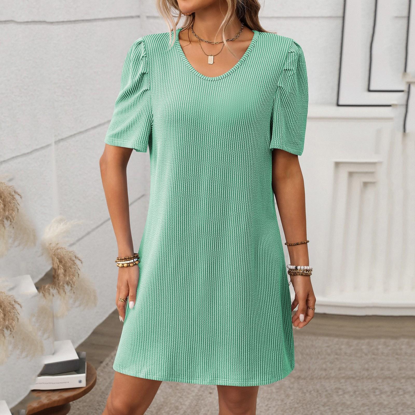 

Женские модные однотонные повседневные платья с круглым вырезом и коротким рукавом в полоску XL зелёный
