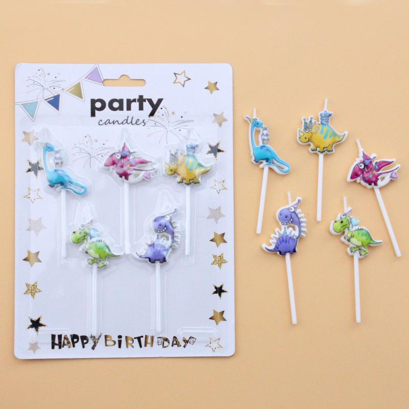Cartoon Themed Birthday Cake Candles, Cute Sucking Cards, 5-piece Dinosaur-shaped Baking Decoration Candles