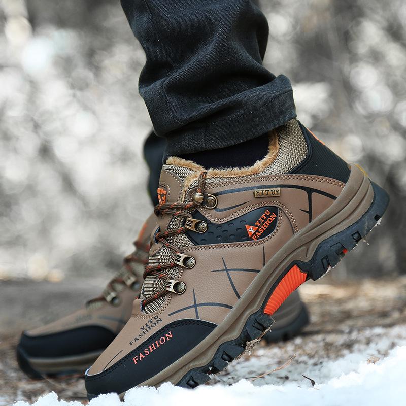 Autumn and Winter Large Size Men's Shoes Low-top Leather Velvet Outdoor Hiking Shoes Non-slip and Wear-resistant Hiking Shoes