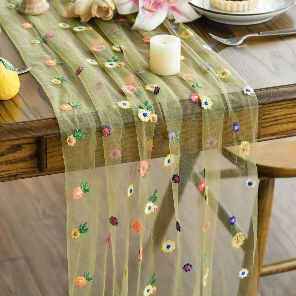 Boho Embroidery Daisy Table Runner Semi-Transparent Floral Tablecloth Colorful Table Cover  Party