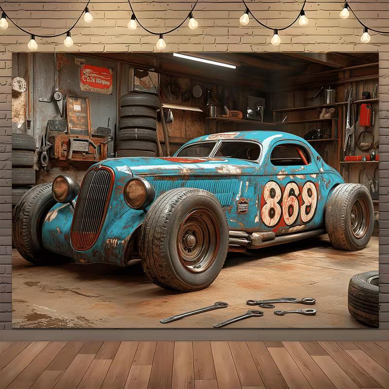 Tapisserie Voiture de Course Rouillée Vintage Hot Rod Garage Man Cave Art Mural
