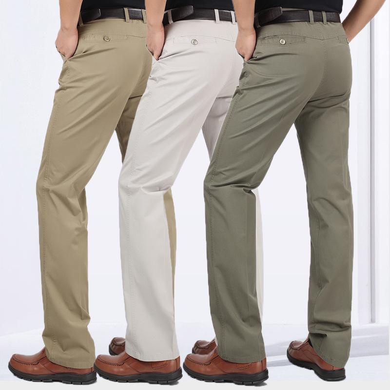 Men's Plus Size High Waist Cotton Work Pants - Summer Lightweight Casual & Formal Straight Leg Trousers for Middle-Aged & Elderly.