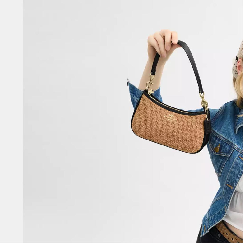 Coach Teri 24 Brand Logo Straw And Leather Tote Shoulder Bag Medium Women Bags Khaki Black CAL90-IMXUB