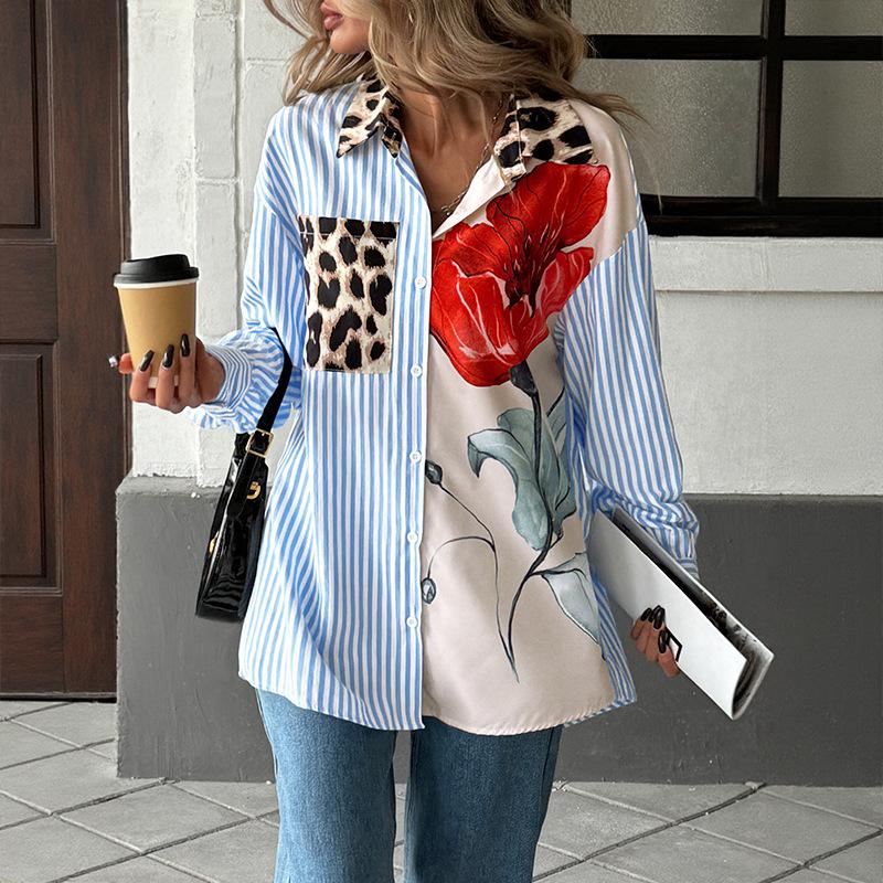 New Autumn Casual Vacation Personalized and Trendy Style Coat, Leopard Print Striped Patchwork Shirt for Women