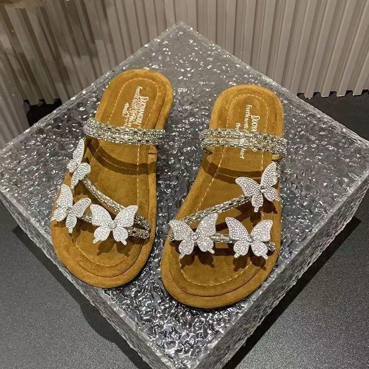 French One-word Slippers 2025 Summer Cool Wear Versatile Rhinestone Butterfly Comfortable Two Wear Flat Fairy Style Slippers