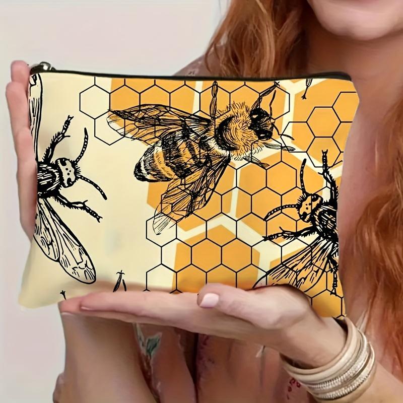 1 Stück Make-up-Tasche mit Bienenmuster, Charmante Kosmetiktasche mit Reißverschluss, Beige & Floral Design, Lebendiger Druck, Make-up-Taschen für Reisen