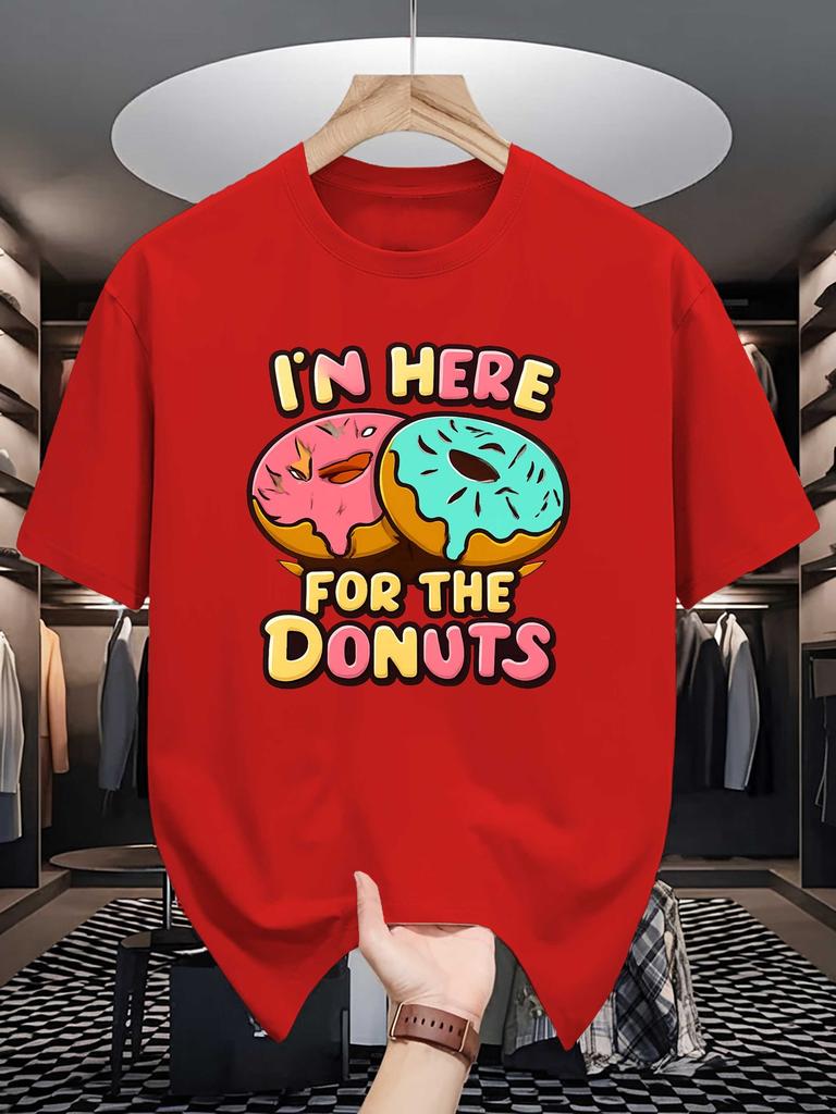 I M Here For The Donuts Print Unisexs Crew Neck T Shirt Colorful Doughnut Cartoon Graphic Short Sleeve Casual Cotton Summer Tees