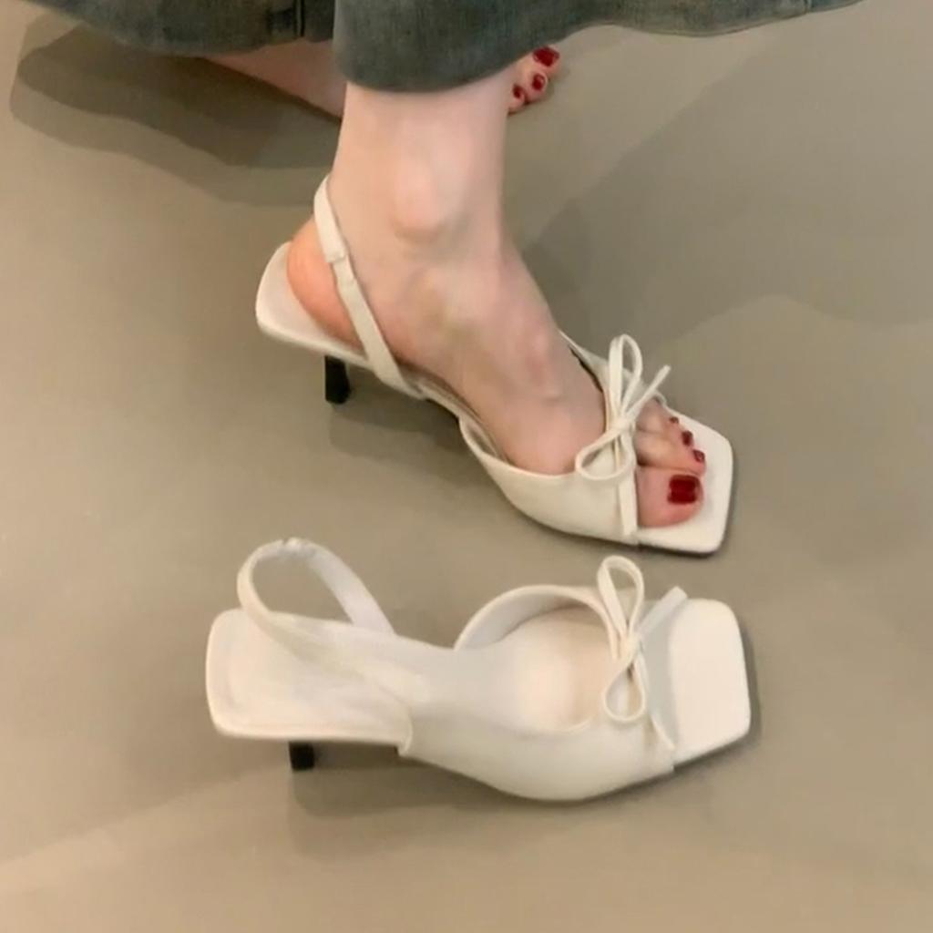 2025 new bow-tied back strap high heels women's summer outer wear one-word with temperament open-toed square head sandals