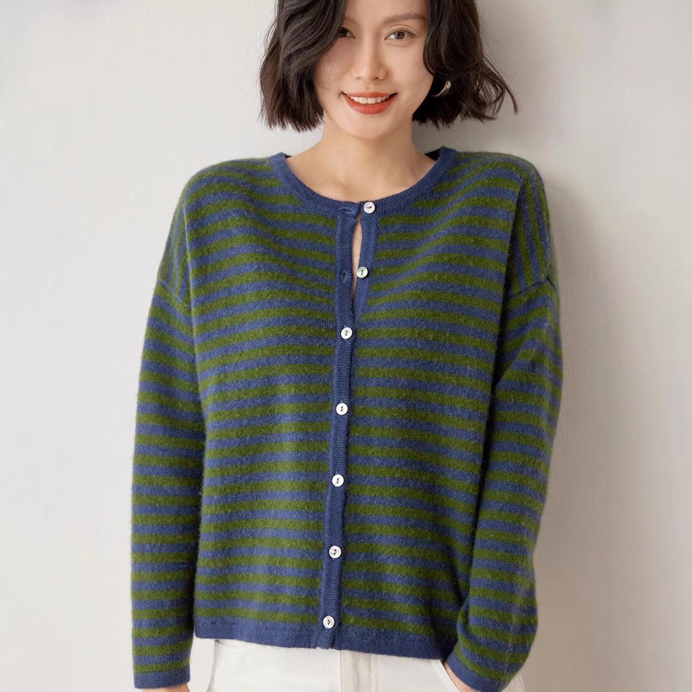 Korean Style Striped Cashmere Women's Knit Cardigan - Warm, Soft, and Skin-Friendly Outerwear Sweater.