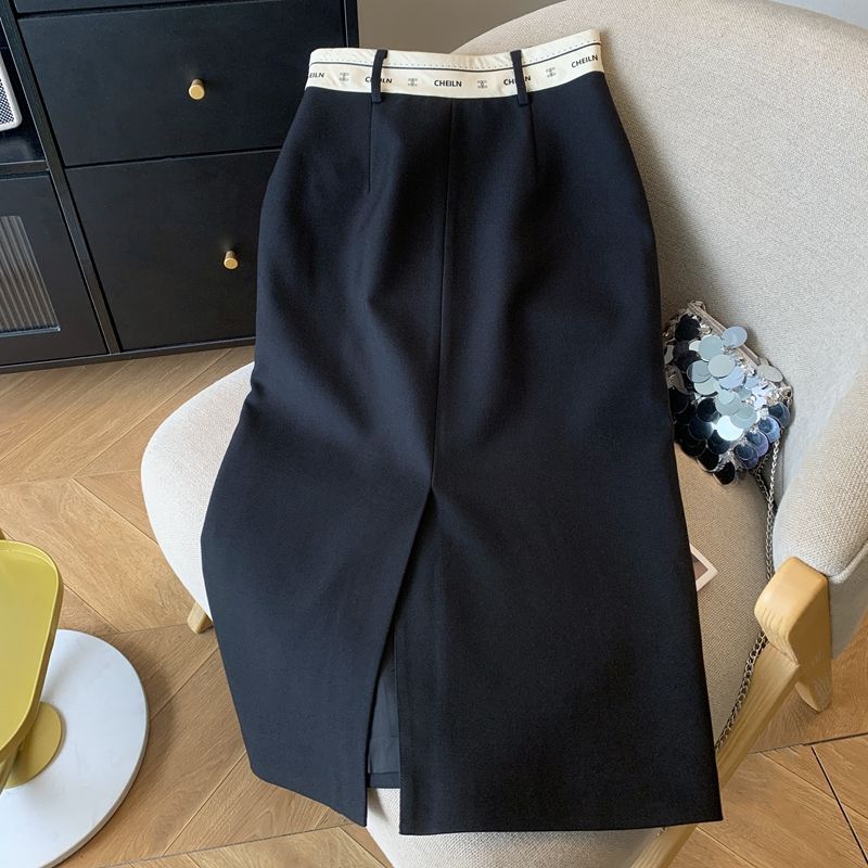 Women Summer Solid Color High Waist Suit Skirt Ladies Office Letter Thin A-line Skirt