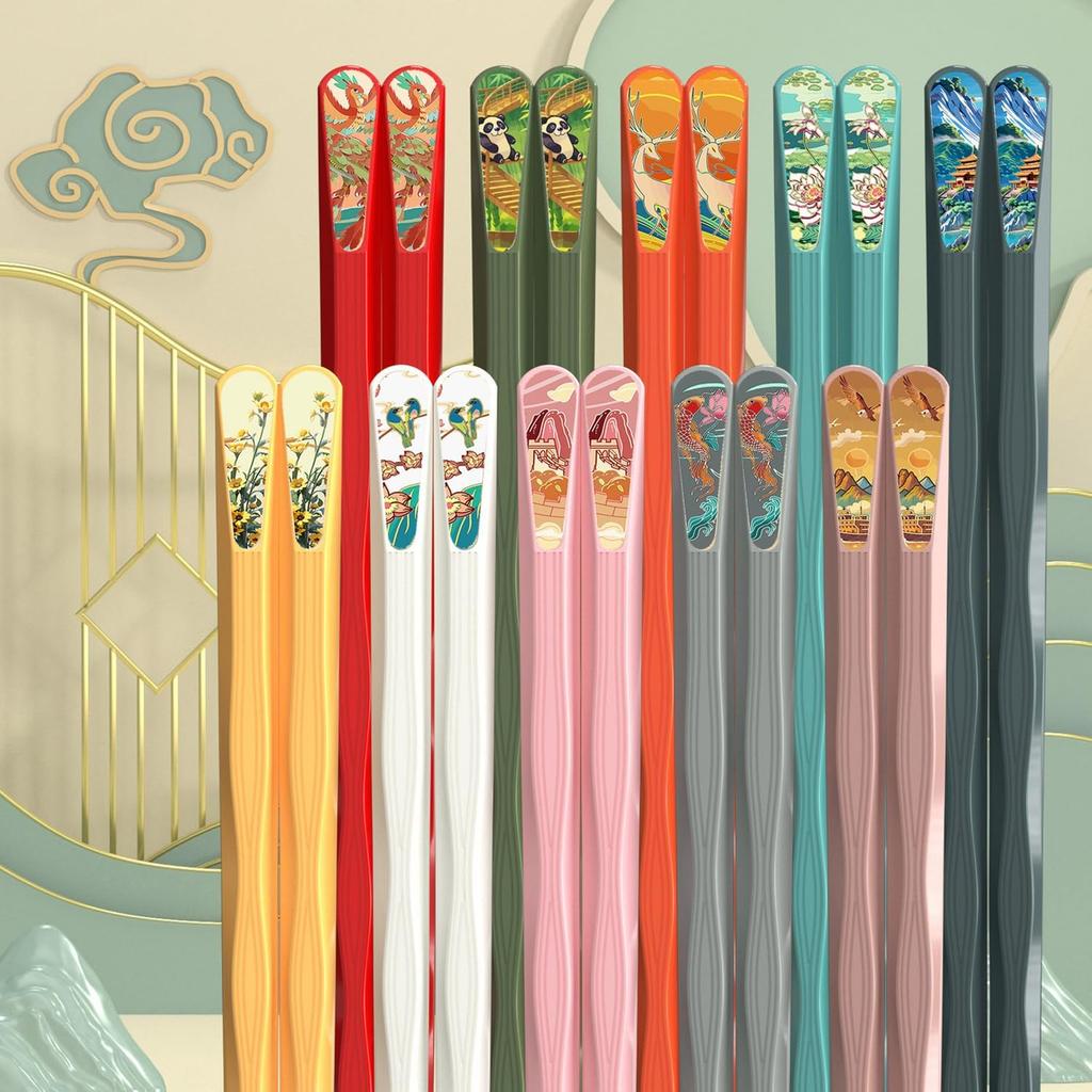 10 Pairs Reble Chopsticks, 9.5-Inch Dishwasher Safe, Heat-Resistant, Non-Slip, Colorful Chinese Style Chopsticks with Unique Pattern Designs (Wavy)