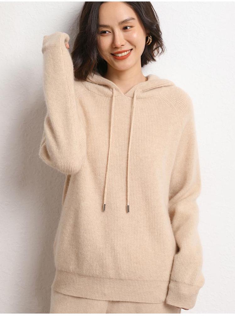 Women's Thick Wool Cashmere Knit Hoodie, Autumn/Winter Loose Sweater Coat.