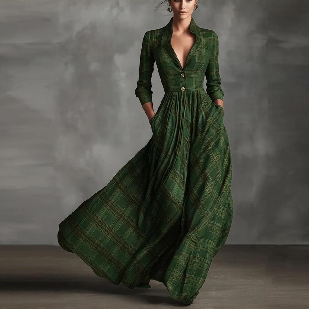 Damen Plaid Hemdkleid V-Ausschnitt Knopfleiste Schlitz Asymmetrischer Saum Kariertes Maxikleid mit Taschen